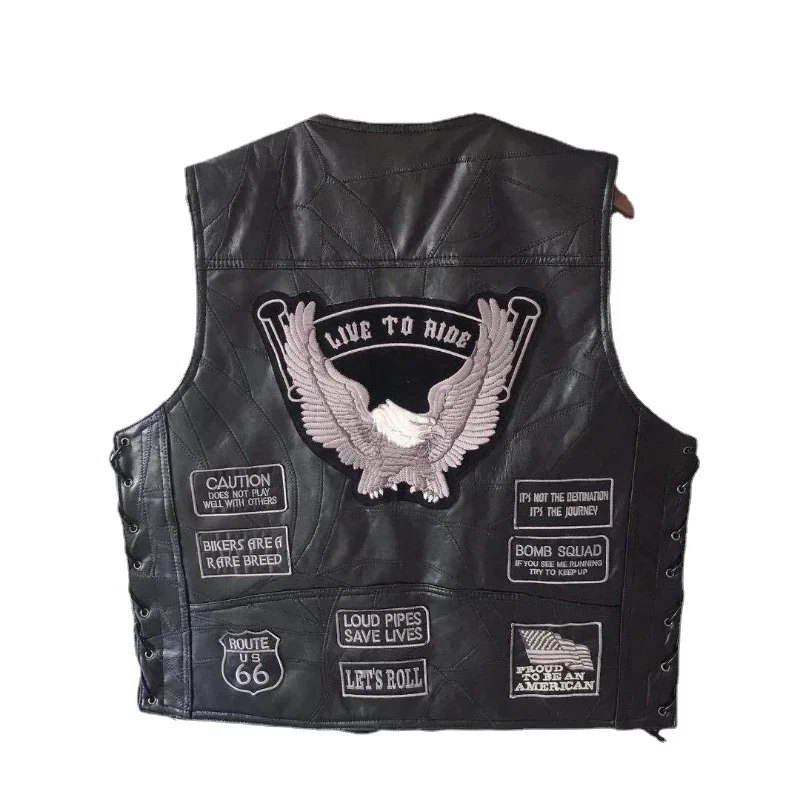 American Motorcycle Riding Waistcoat Leather Vest Men\'s Leather Vest Single Breasted V-neck Embroidered Badge Multi-style Clip