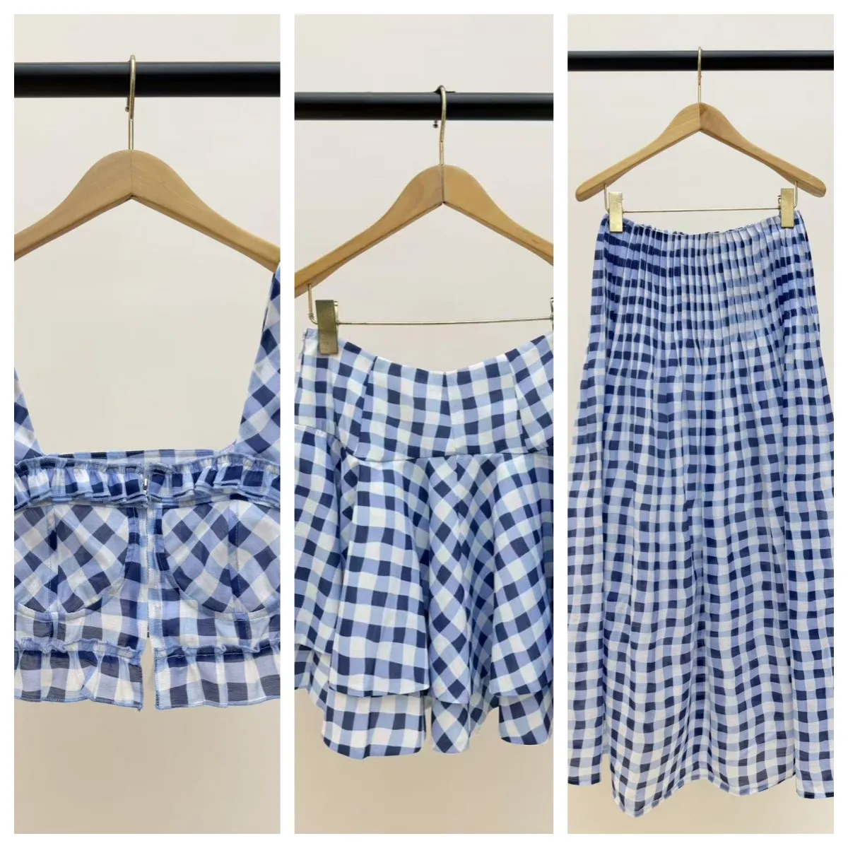 

Women Blue White Grid Set Slim Fit Small Suspender + Double-layer Ruffle Edge Short Skirt + Plaid Long Half Skirt 2026 Spring
