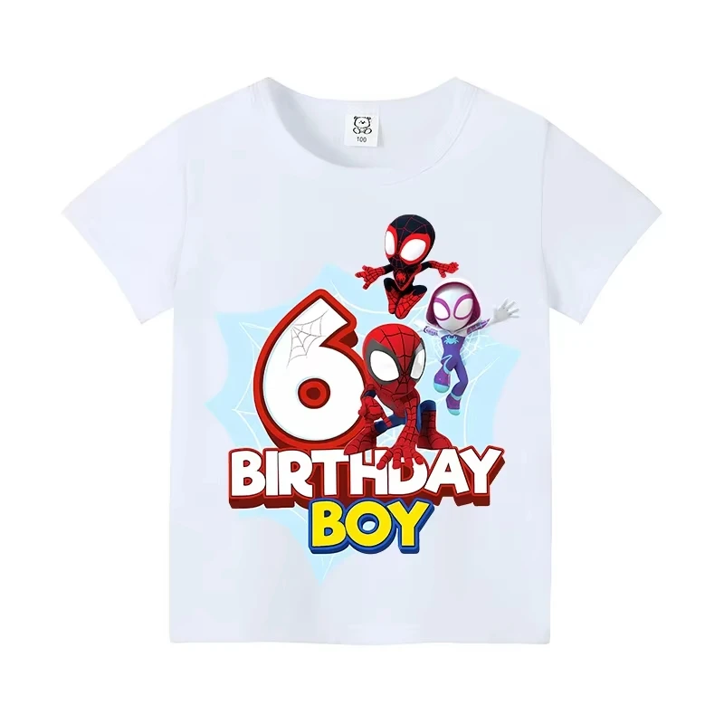 Nueva camiseta de manga corta de Marvels Spiderman para niños, camiseta con estampado de figuras de dibujos animados número 1-9, ropa para fiesta de cumpleaños, camiseta 100% de algodón