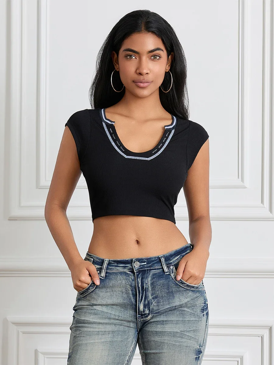 Women Women Crop Basic Ribbed T-Shirts Casual Summer Patchwork Contrast Stitching Cap Sleeve Tops for Streetwear