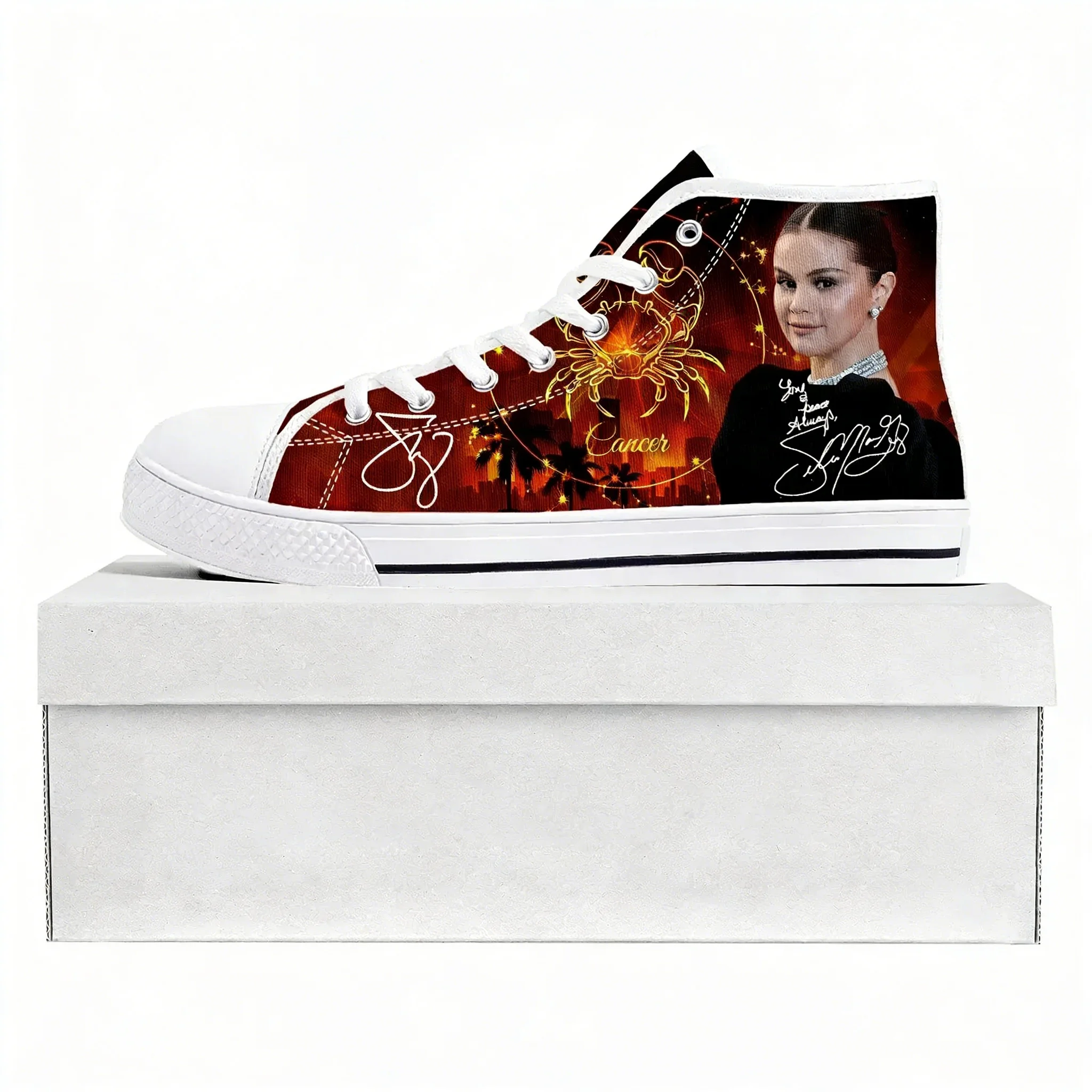 

Selena Gomez High Top Sneakers Mens Womens Teenager Canvas High Quality Sneaker Casual Custom Made Shoes Customize Shoe White