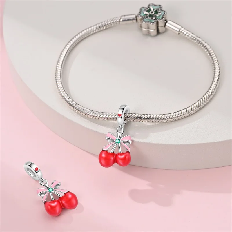 

New 925 Sterling Silver Bow Cherry Charms Pendant Fit Original Bracelet DIY Women Exquisite Birthday Anniversary Jewelry Gift