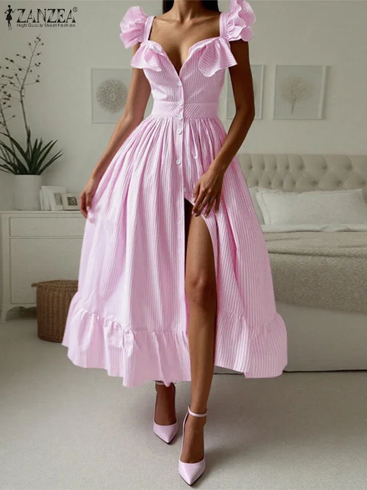 

ZANZEA Plus Size 5XL Women Striped Printed Dress Sexy Ruffled Sleeveless Robe Midi Robe 2025 Summer Beach Holiday Buttons Dress