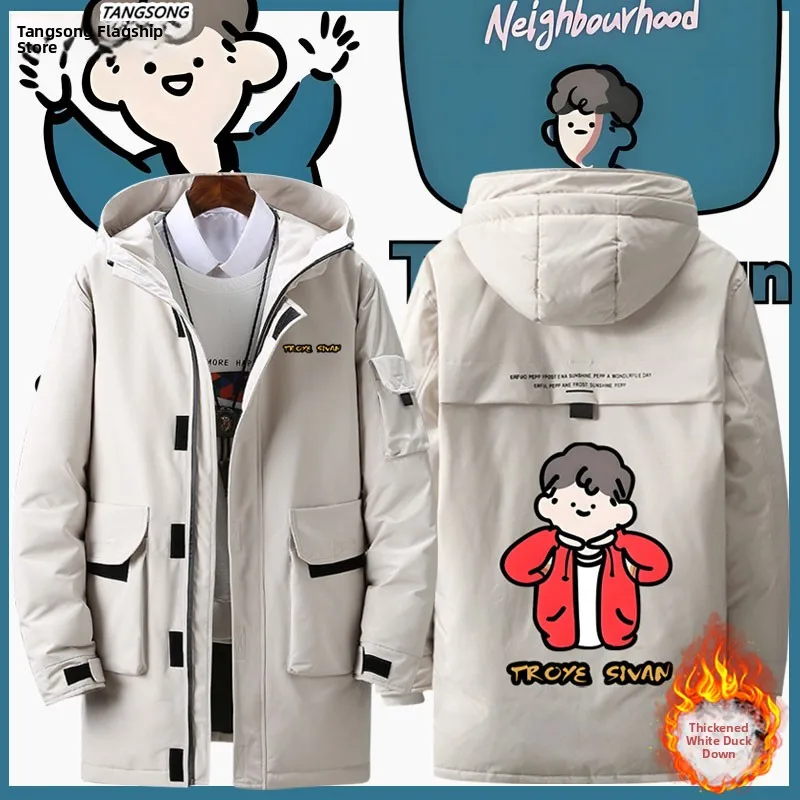 

Troye Sivan Cartoon Character down Jaet ex Cozy Warm Padded Coat with Hood Polyester Fiber Long Sve Zipper Closure