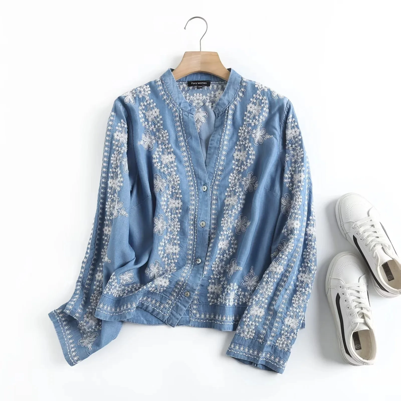 Long Sleeve Denim Shirt Women\'s Spring Summer Soft Jeans Stand Collar Floral Embroidery Blouses Thin Coat Tops New 2023 T35430M