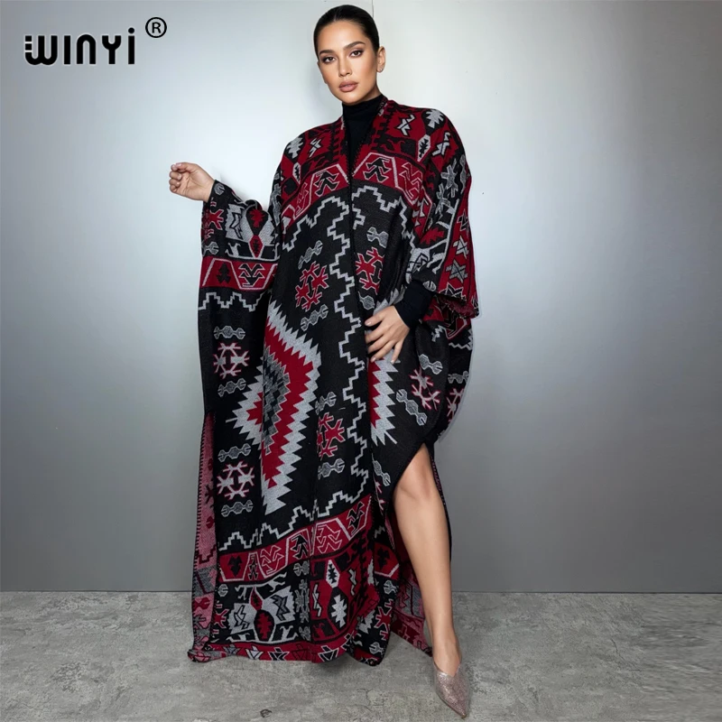 

WINYI winter cardigan Africa print women loose jacket Warm kimono long down coat Middle East fashion abaya holiday poncho dress