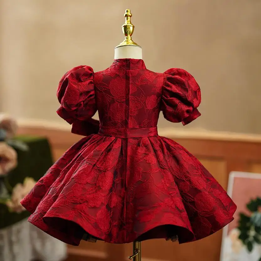 Summer New Children's Princess Ball Gown Kids Bow Puff Sleeve Design Wedding Birthday Baptism Party Red Dresses For Eid  A2051