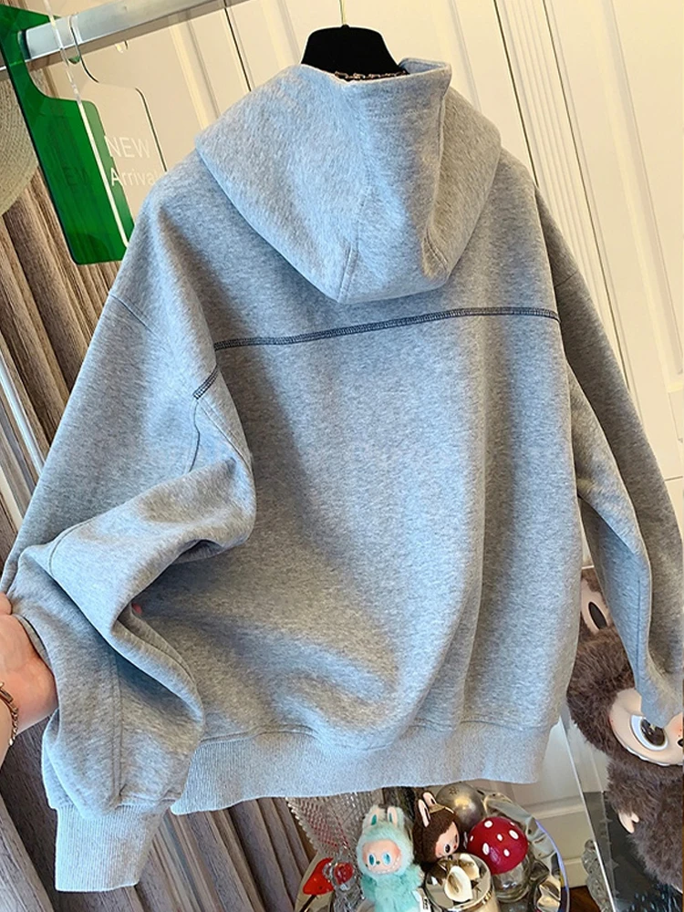 الأمريكية الرجعية عارضة المرأة هوديس أزياء فضفاضة سحاب أكمام طويلة البلوز معطف جديد الشارع الشهير تنوعا سترة الإناث #5