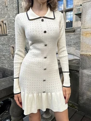 Fantoye Knitted Turn-down Collar Button Women Dress White Long Sleeve High Waist Dress Female Autumn Slim Casual Party Clubwear