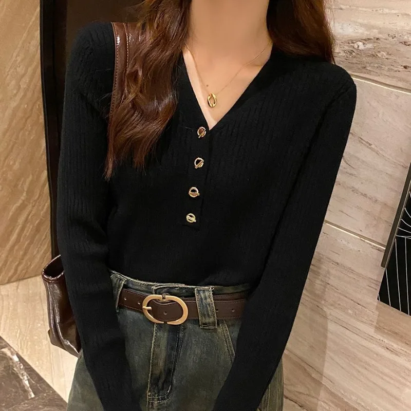 Women's Autumn Winter Button Solid Pullover V-Neck Screw Thread Long Sleeve Undershirt Sweater Knitted Office Lady Elegant Tops