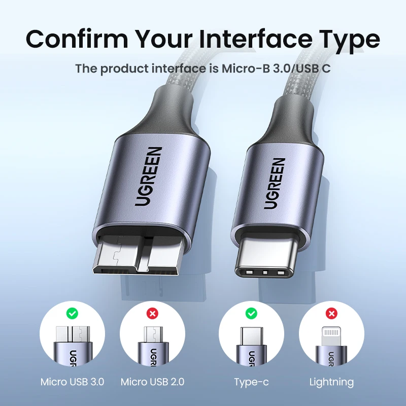 Ugreen-USB C to Micro B 3.0 케이블 5Gbps 3A 맥북 하드 드라이브 디스크 용 고속 데이터 동기화 코드, HDD SSD 케이스 USB c타입 마이크로 B 케이블