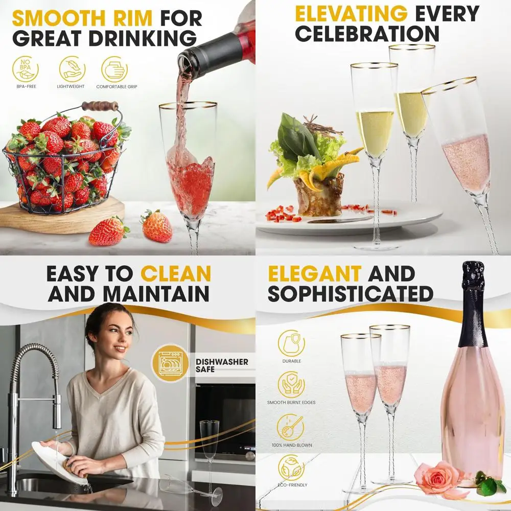 

Набор из 6 роскошных хрустальных бокалов для шампанского с витым ножкой и золотым ободком - 315 мл, для особых случаев