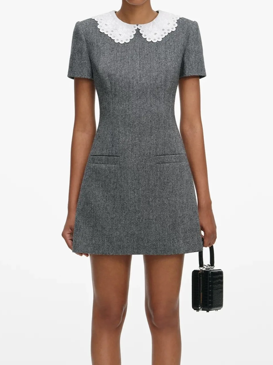 

Женское шерстяное платье-миди с кружевной отделкой и воротником Питер Пэн, коротким рукавом, завышенной талией, элегантное, приталенное, мини-платье, коллекция ранняя весна 2026