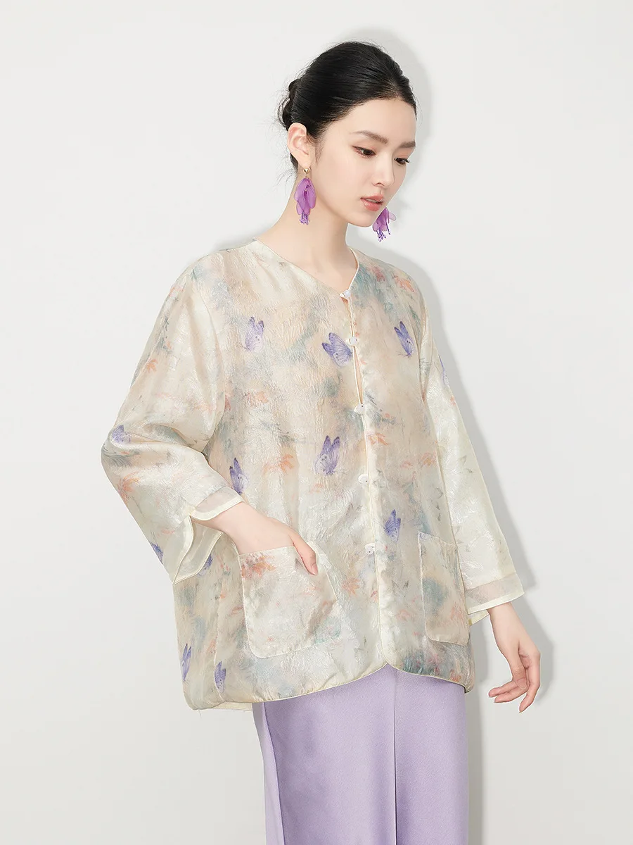 Chinese Style Shirt Butterfly Print Chiffon Long Sleeve Coat Woman 2026 Spring Summer New Sunscreen Cardigan Loose Hanfu Top
