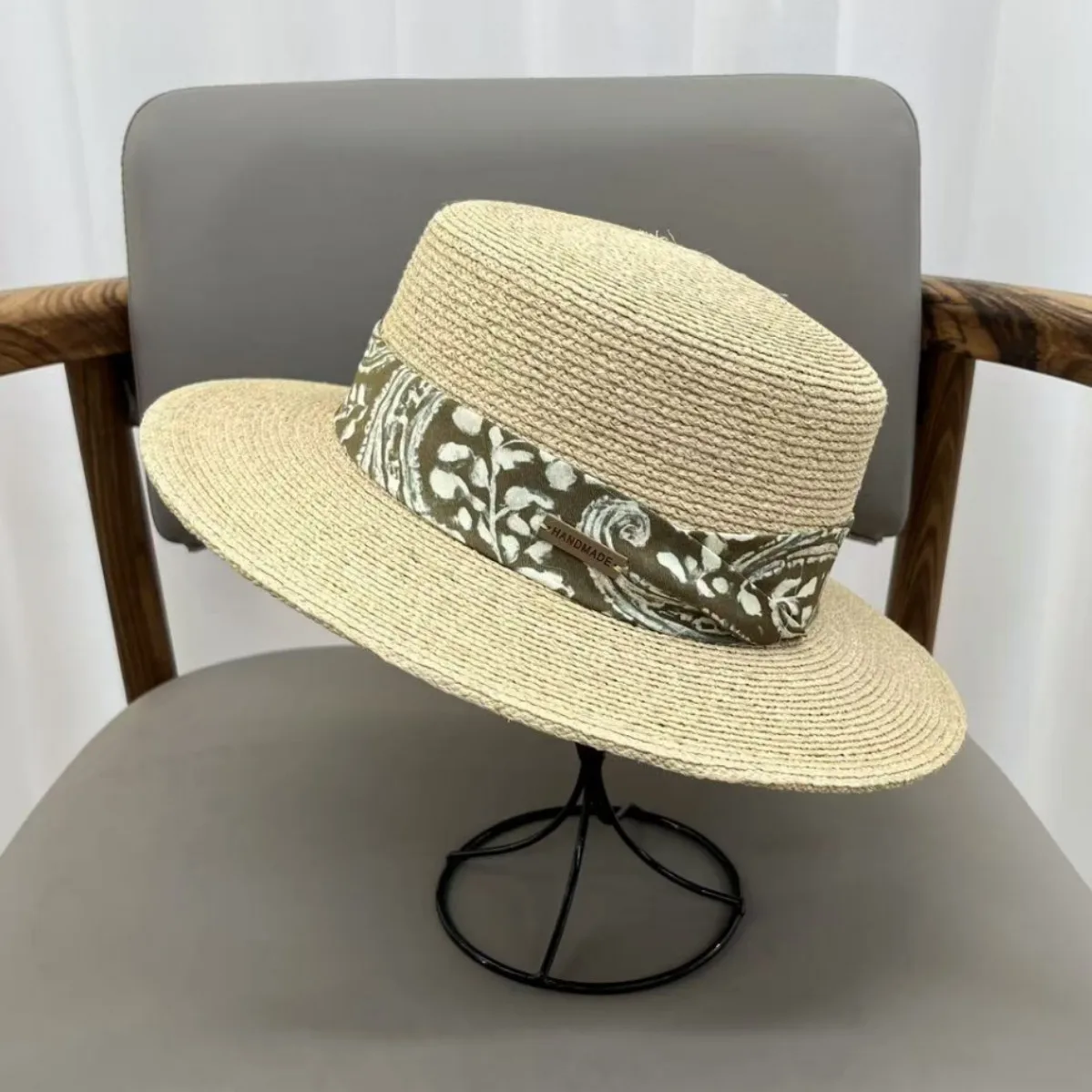 handmade-flat-top-straw-hat-women's-summer-sun-protection-fashionable-small-brim-versatile-natural-laffey-grass-cap-for-men