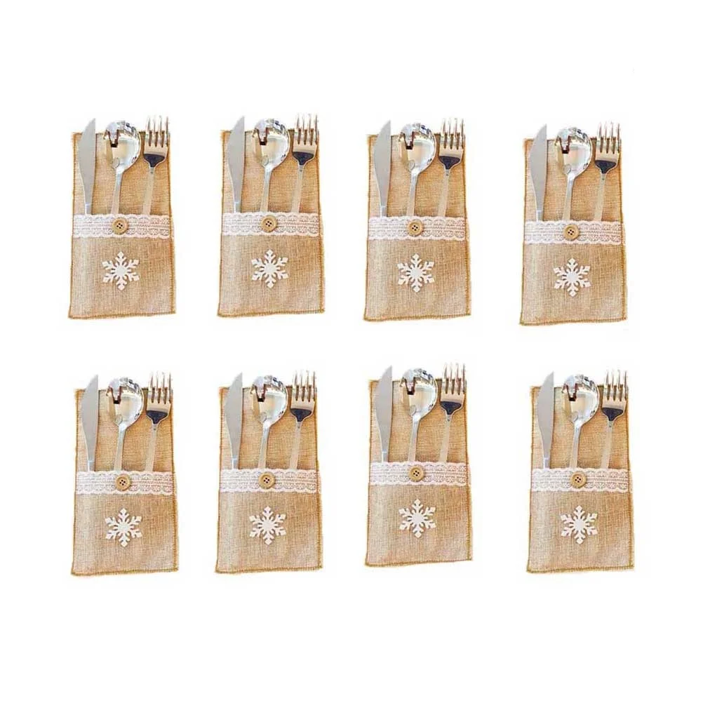 

8pcs CutlerySet SnowflakePattern DurableLinen SilverwareBags Lightweight ChristmasFestive Atmosphere ForksSpoons StorageSolution