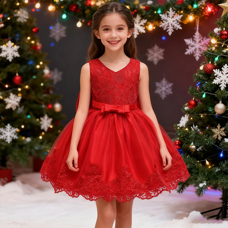 Red Princess Dress For Christmas Girls Party Dresses Flower Girl Lace Wedding Dress Birthday Dress up Carnival Halloween Costume