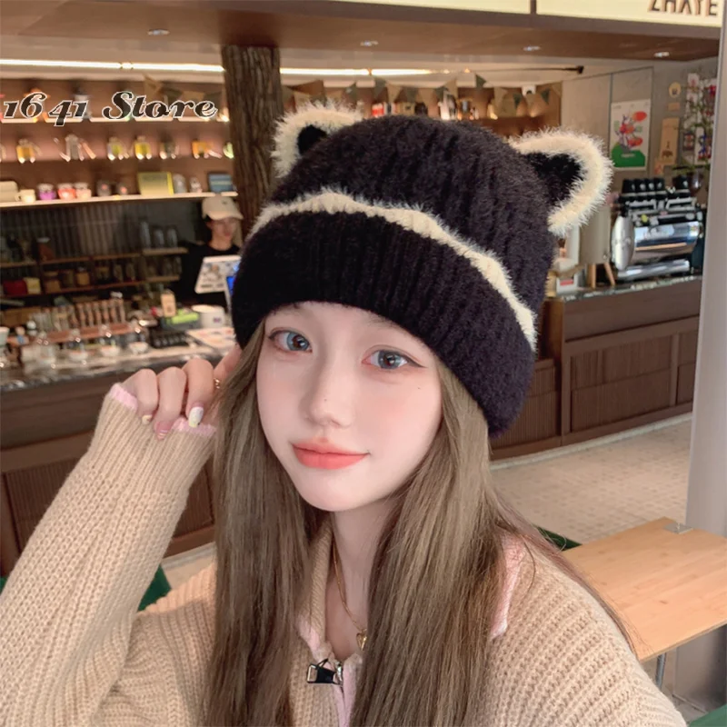 （NEW）New Autumn/Winter Women's Cute Cat Ear Hat Warm Knitted Hat Large Head Circumference Cold Protection Hat