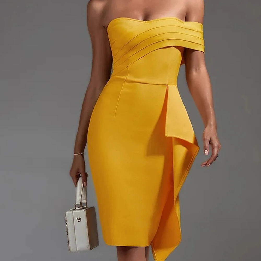 

Short and Elegant Party Gowns One Shoulder Straight Jersey Short Sleeves Above Knee Length Solid Yellow Cocktail Dress Simple