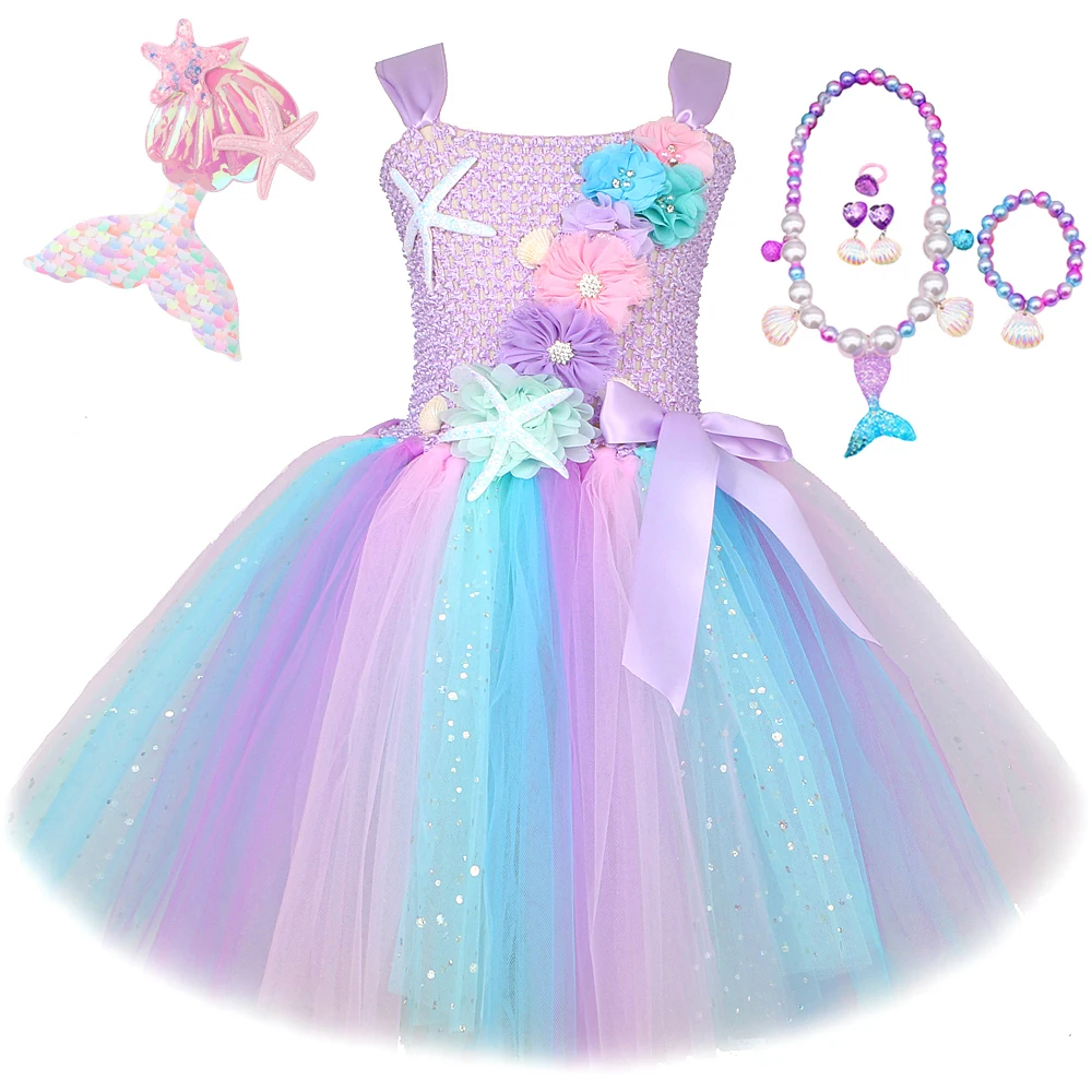 

Sparkly Flowers Mermaid Dresses for Girls Birthday Party Costumes Kids Halloween Christmas Outfit Princess Seamaid Ballet Tutus