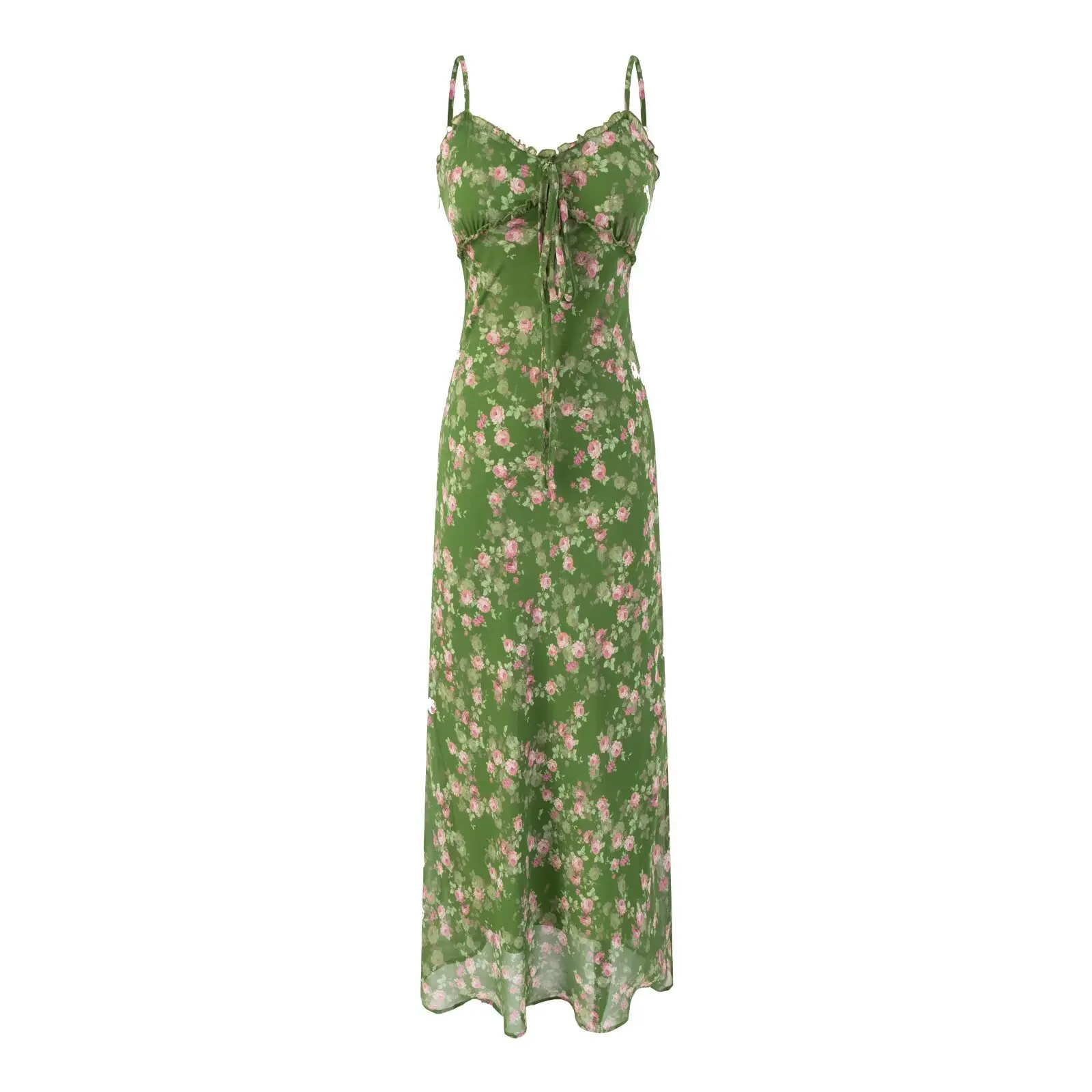 

Summer French Sweet Green Floral Retro Spaghetti Straps Mid Length Dress