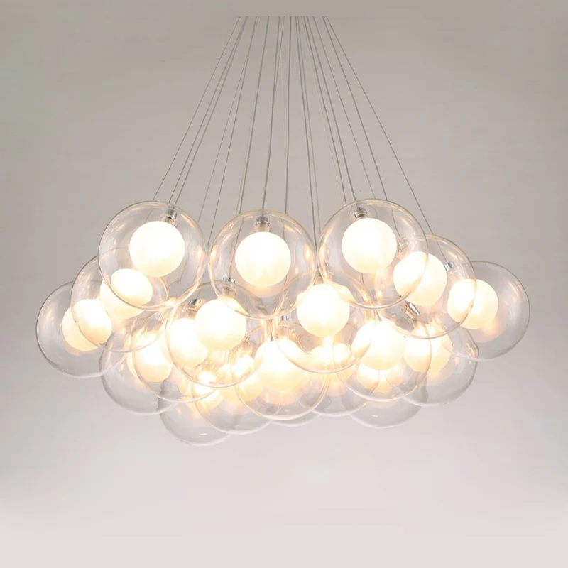 Chic Contemporary Clear Glass Double Layer Bubble Cluster Chandelier Pendant Light Fixture for Dining Living Room Home