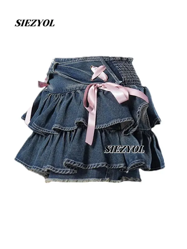 Y2k Millennial Style Denim mini Skirt Women's Summer Lotus Leaf Edge Sexy Hottie A- Line Cake Miniskirt Anti-light Short Skirts