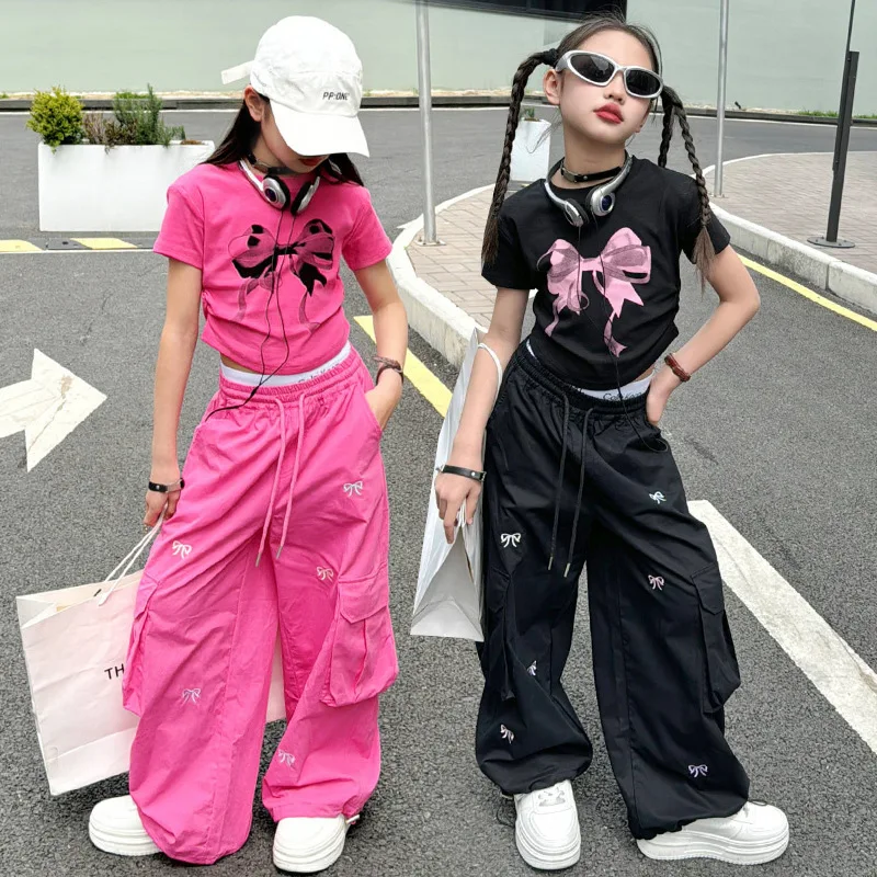 Girls Summer Work Trousers New Bow Tie Pants Children Retro Thin Section Casual Wide Leg Pants Kids High Waist Fashion Overalls