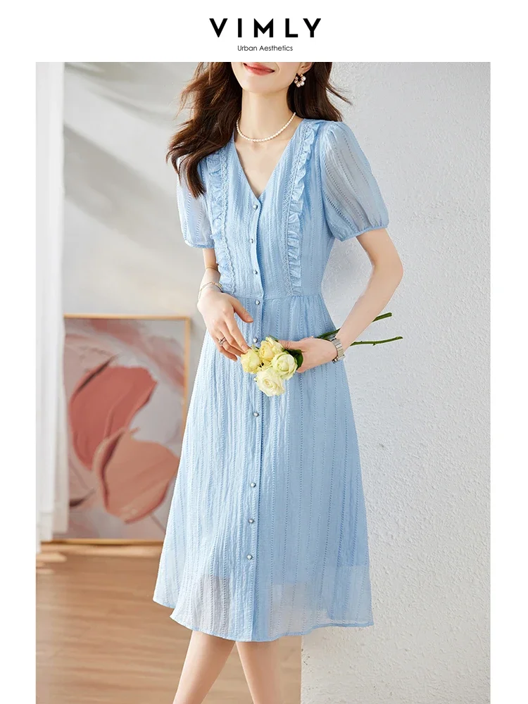 Vimly Vintage V-neck Blue Summer Dress for Women 2023 Lyocell Jacquard Short Sleeve A-line Button Down Elegant Shirt Dress M1362