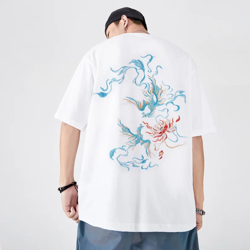 Summer Phoenix Embroidery Tshirt Men Cotton Oversize Sukajan Top Tee For Boys Cotton Short Sleeve T Shirt Male Vintage Clothing