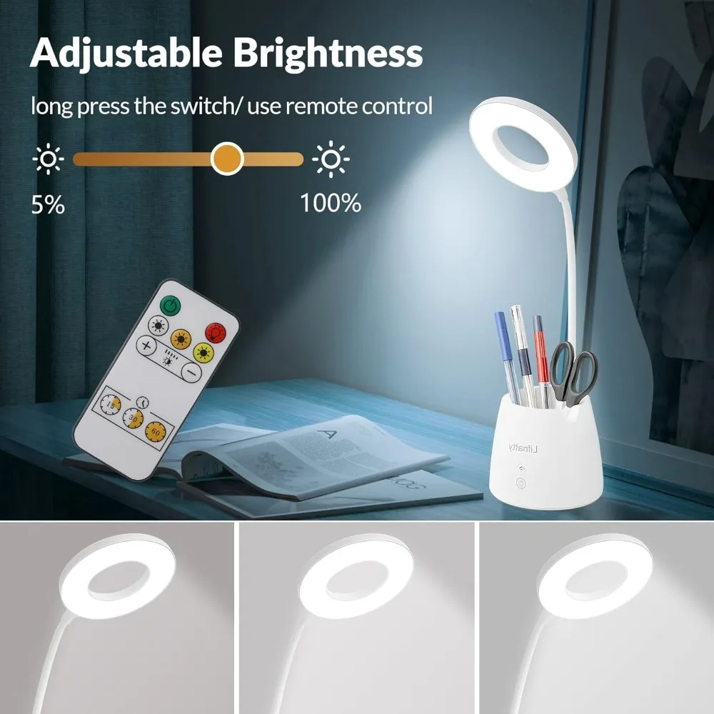 Desk Lamp, Led Desk Light, Dimmable Small Table Lamp for Home Office, Wireless, Remote Control, 3 Modes, Gooseneck, Rechargeable