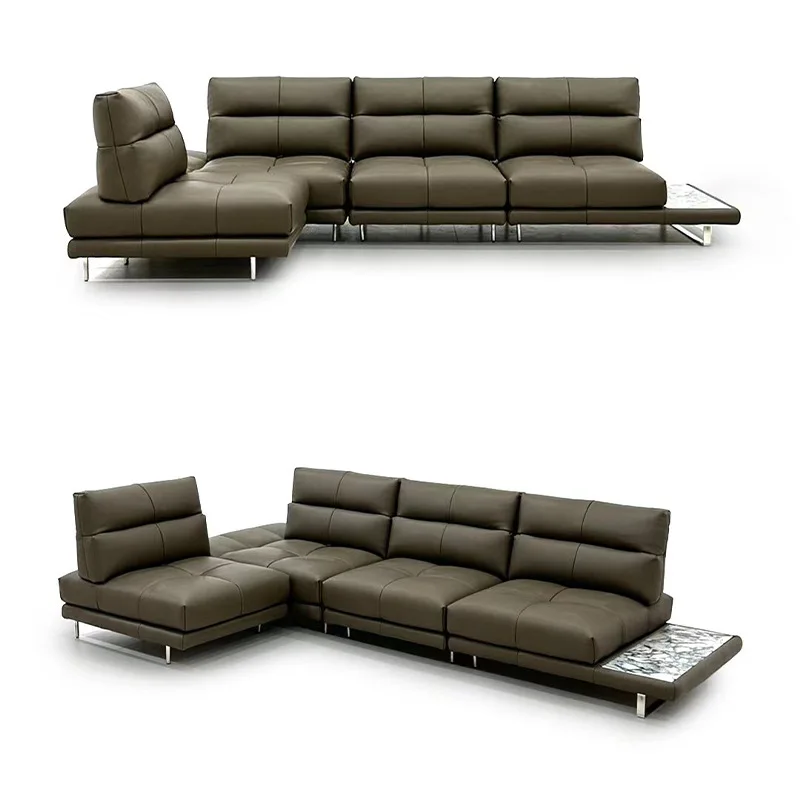 Large-sized villa adjustable backrest straight-row corner combination leather sofa y