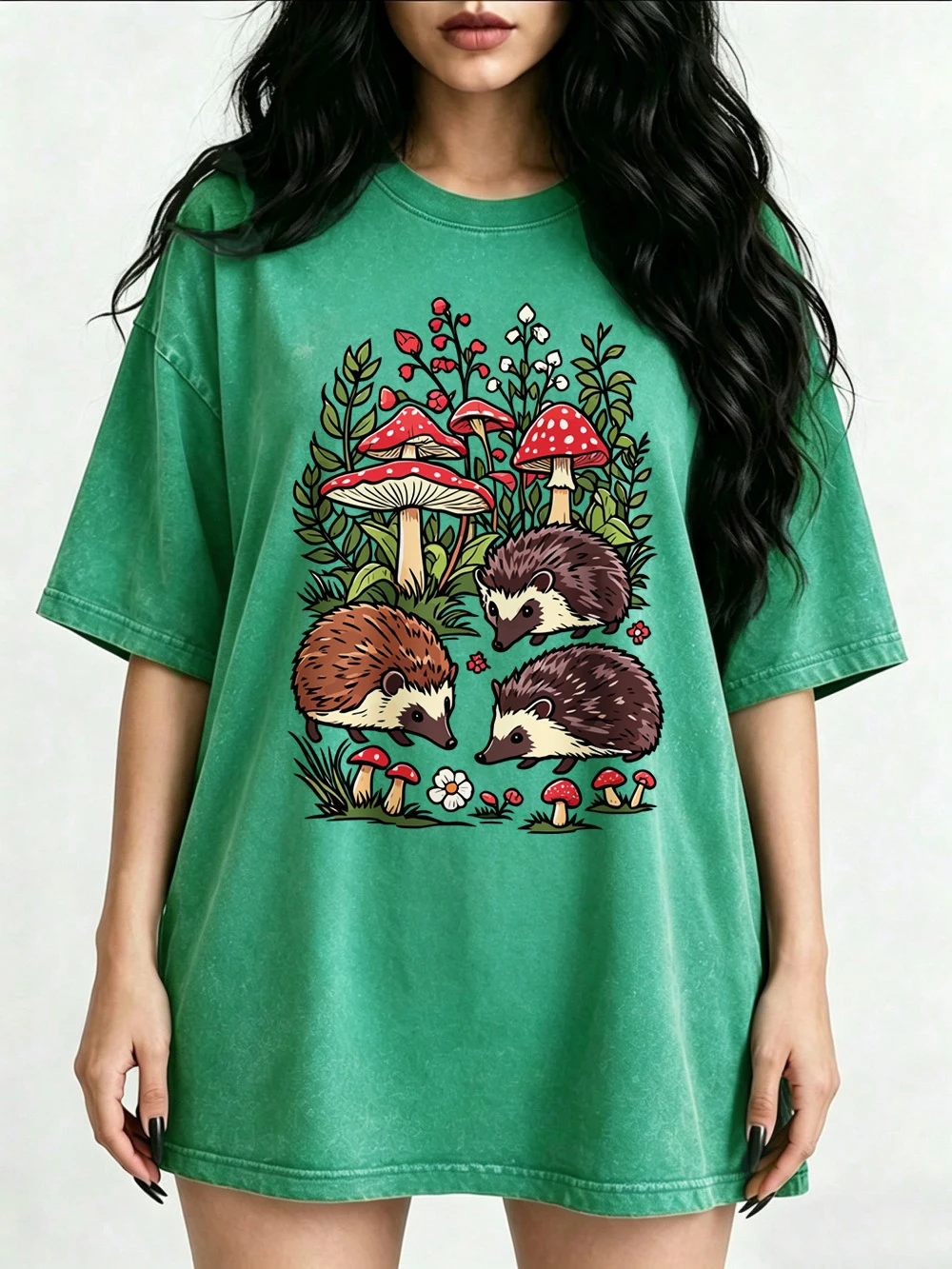 Forest Hedgehog Mushroom Whimsical Prints Washed T-Shirts Women Cotton Oversized Tops Summer O-Neck Tees Casual Woman Clothes