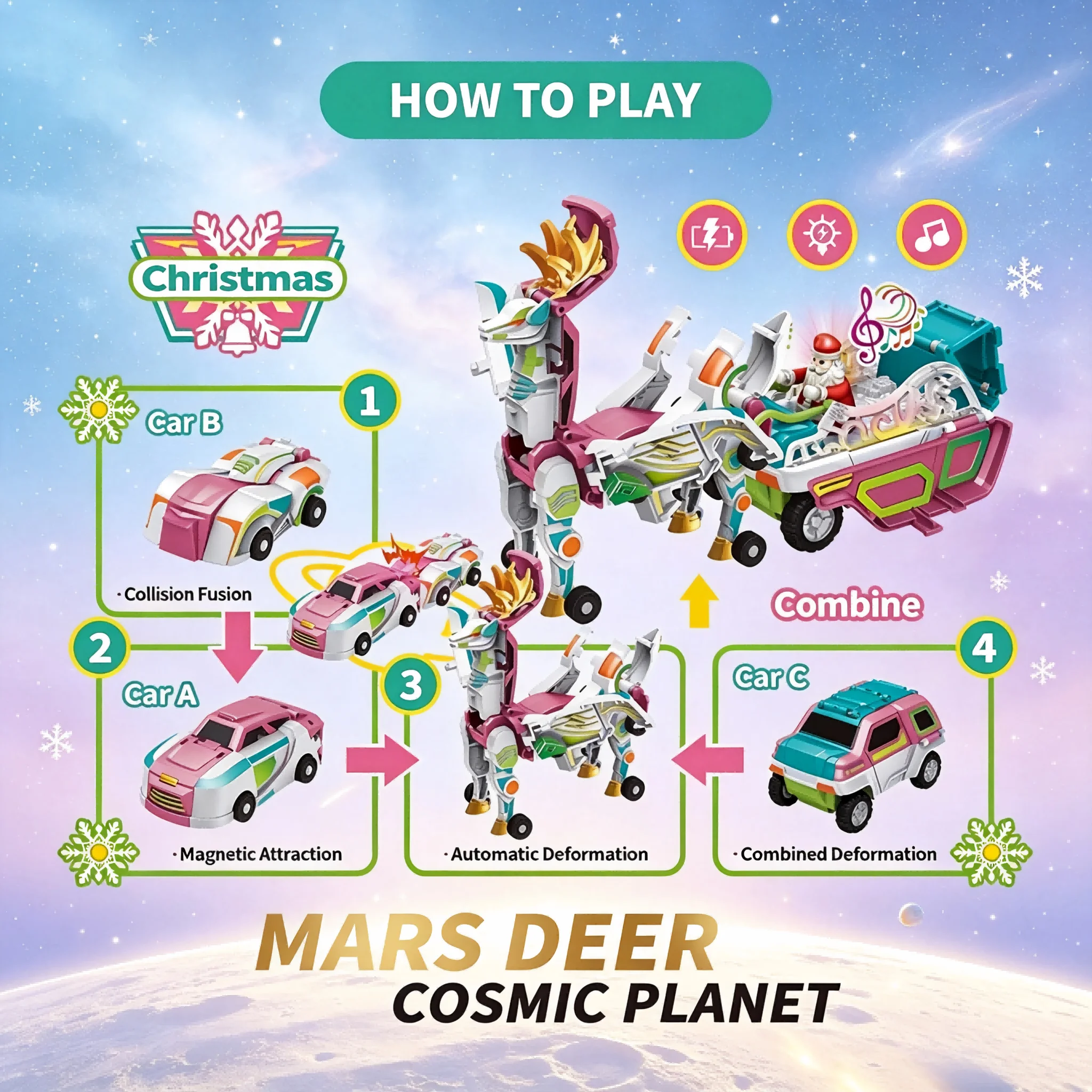 Christmas Mars Deer Collision Fit Magnetic Deformation Car for Kids Magnetic Suction Deformation Electric Acousto-optic Car Toy