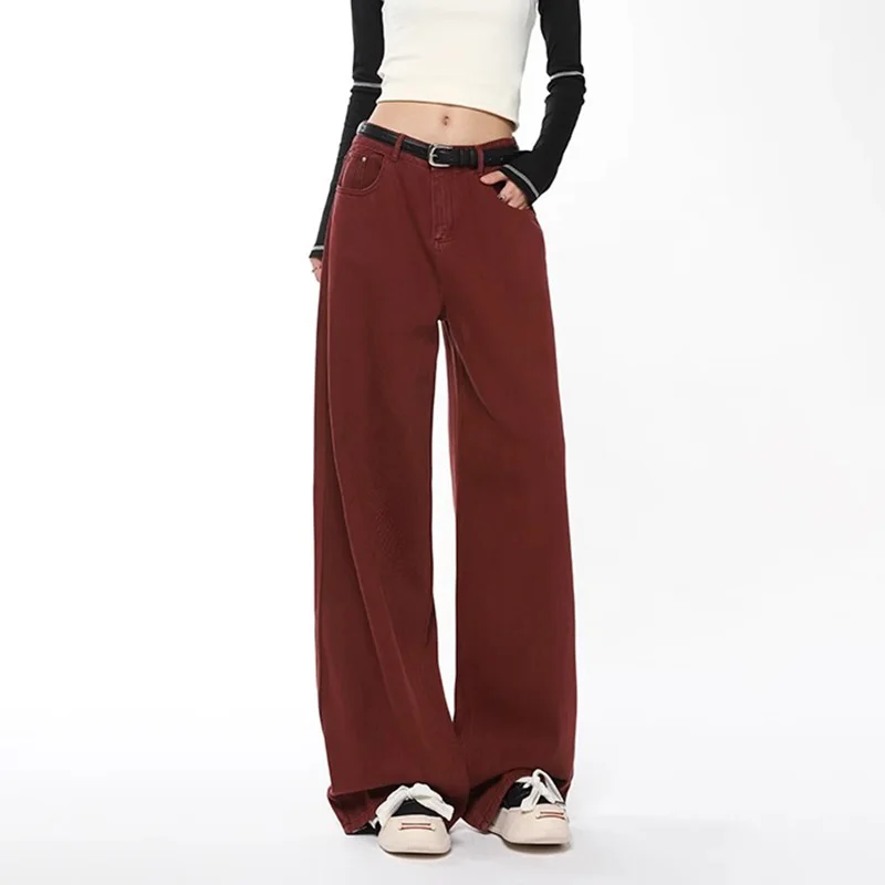 WCFCX STUDIO American Style Retro Wine Red Jeans Women's Autumn New Trendy Loose High Street Casual Wide Leg Long Pants