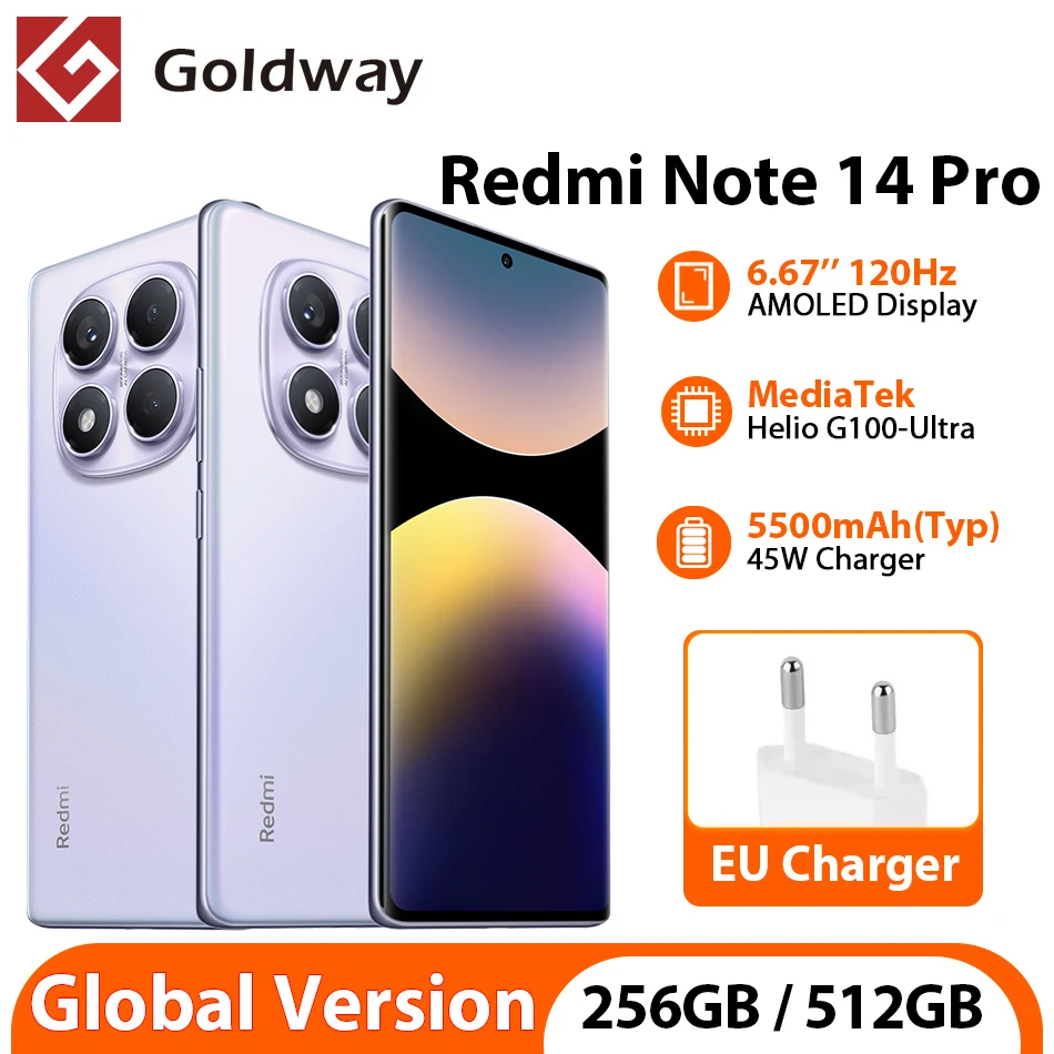 Xiaomi Redmi Note 14 Pro 4G глобальная версия NFC сотовый телефон 6,67 дюйма AMOLED-дисплей 256 ГБ 512 ГБ MTK Helio G100-Ultra 200 МП AI камера
