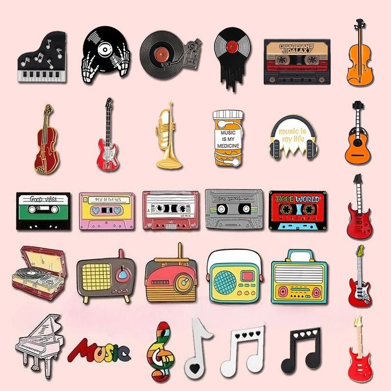 Creative Personalized Music Brooch Set Retro Guitar Note Tape Vinyl Record Design Metal Pin Badge For Garment Bag Decoration