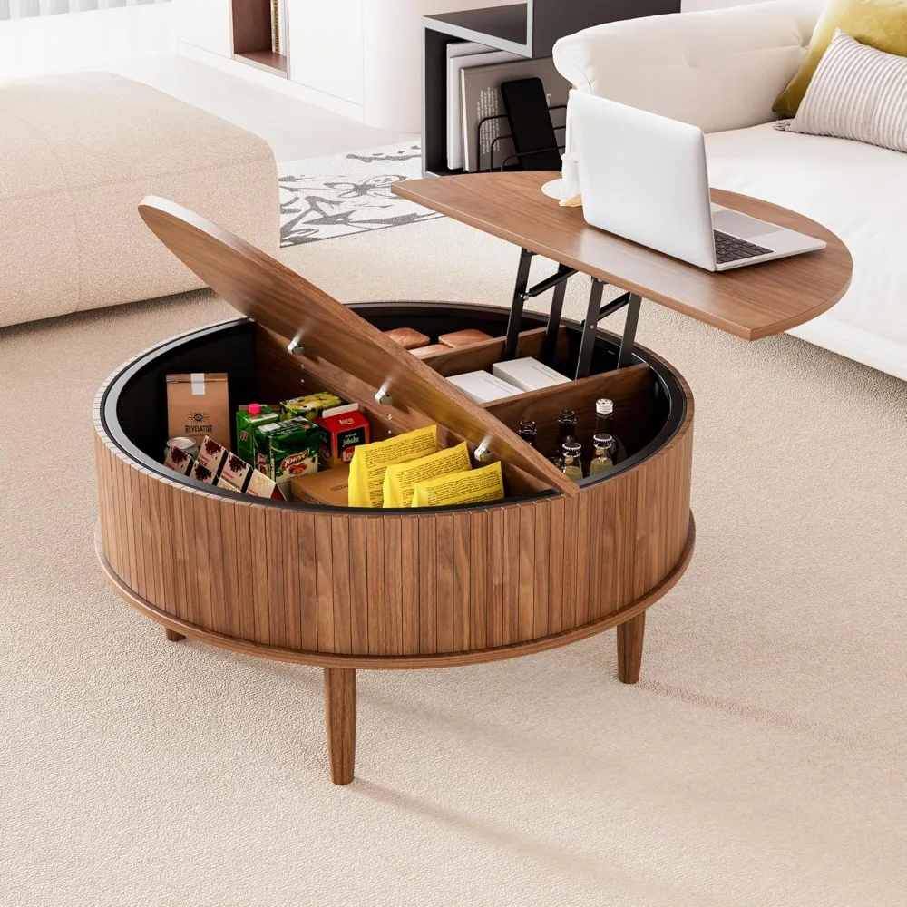 طاولة قهوة مستديرة مع مساحة تخزين، وطاولة قهوة لغرفة المعيشة الحديثة في العصور الوسطى، ومساحة عائلية صغيرة