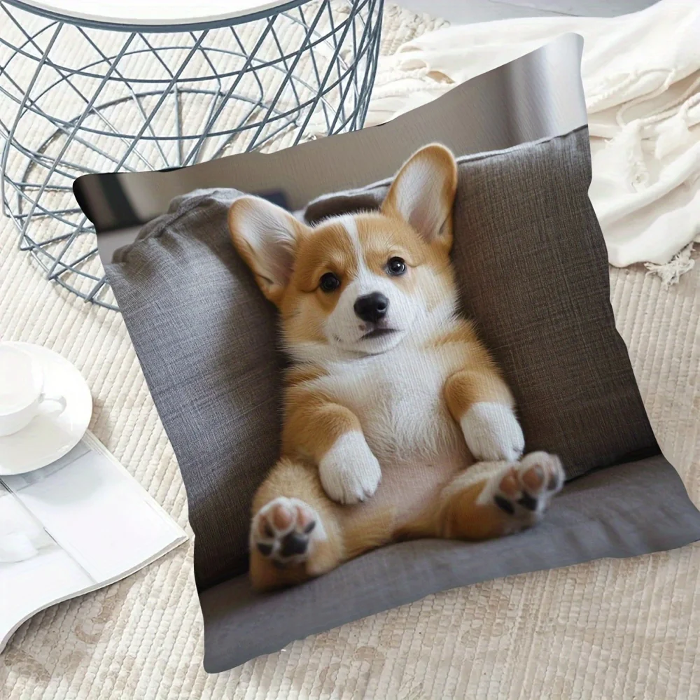 Lodge-Style Corgi Dog Pillow Cover,Cute Corgi Print, Zipper Closure, Machine Washable for Room, Sofa (Insert Not Included)
