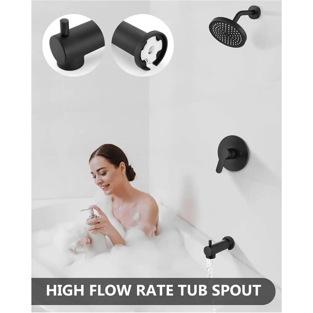 مجموعة صنبور دش حوض استحمام سوداء غير لامعة بمقبض واحد مع 6 رؤوس دش مطري وصنبور حوض استحمام