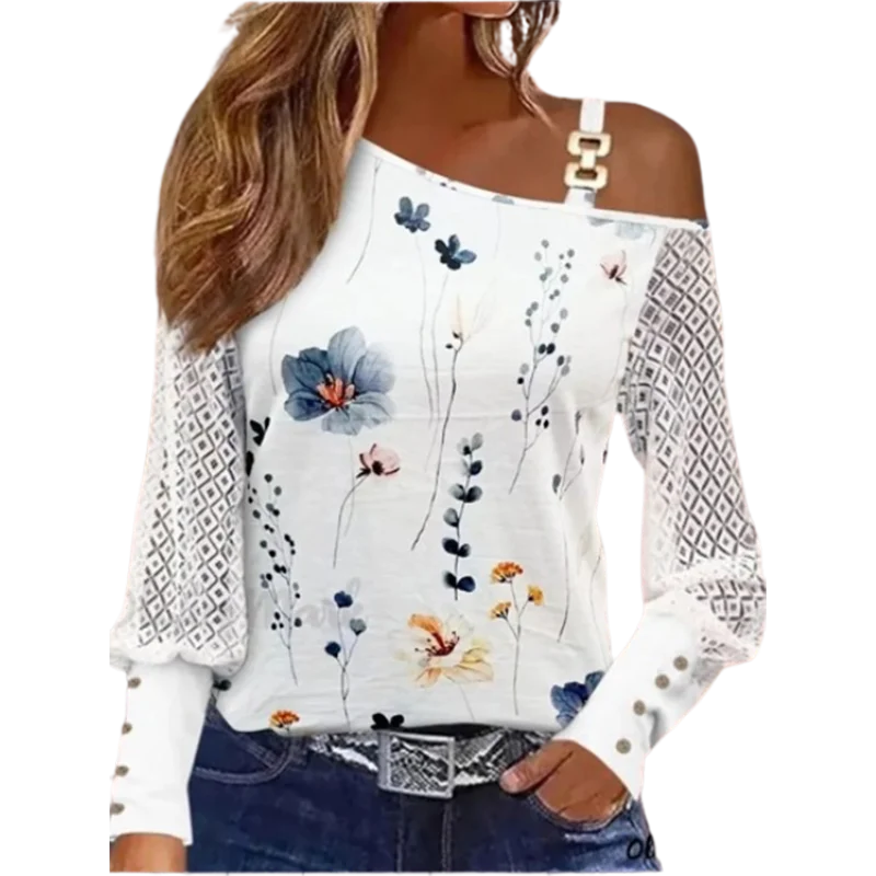 Elegant Floral Print Long Sleeved Tops Women's Button Semi Transparent Lace Shirts Off Shoulder Casual Spring T-shirt