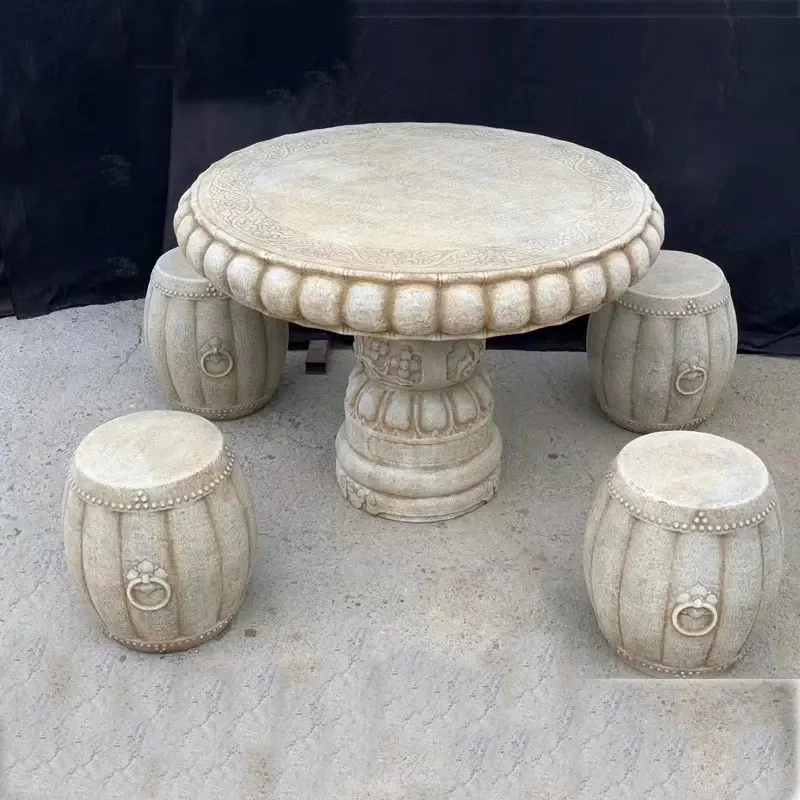 

Custom-made stone table and bench courtyard garden white marble Chinese natural stone table outdoor villa home made old stone