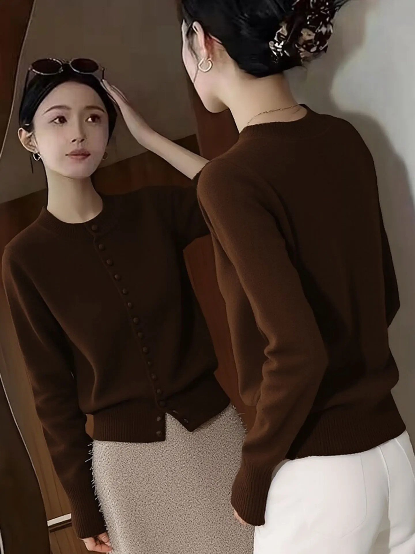

Вязаный кардиган Ele с длинными рукавами, женский, модный, зимний 2025, высококачественный, кофейного цвета, для повседневной носки, теплый свитер