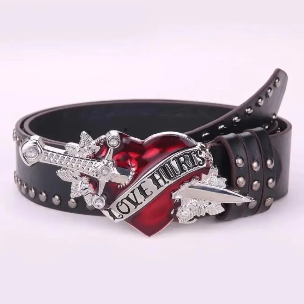 1Pcs Leather Sword Belt Sword Design Adjustable Buckle Punk Belt Red Heart Fashion Waistband for Party Music Festival Daily Wear