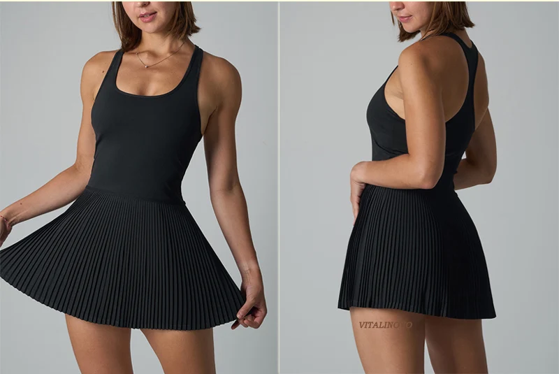 VITALINOVO Damen-Tenniskleid, U-Ausschnitt, integrierter BH, Golf-Sportkleid ohne Shorts, Racerback, Workout, Gym, plissierte Minikleider – Detail 3