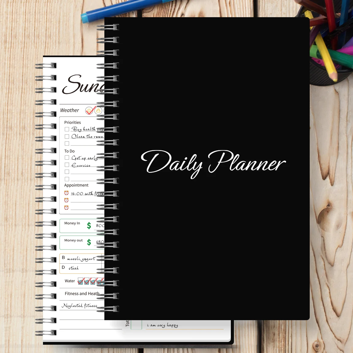A5 Spiral Daily Planner, Weekly & Daily Schedule Notebook with 100Gsm Paper, Black Productivity Journal