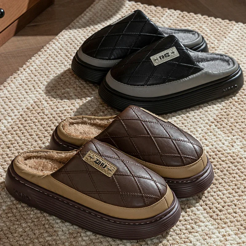 Men's Platform Cotton Slippers Pu Leather Waterproof Non Slip Home Plush Slippers Men Comfortable Soft Thick Sole Warm Slides