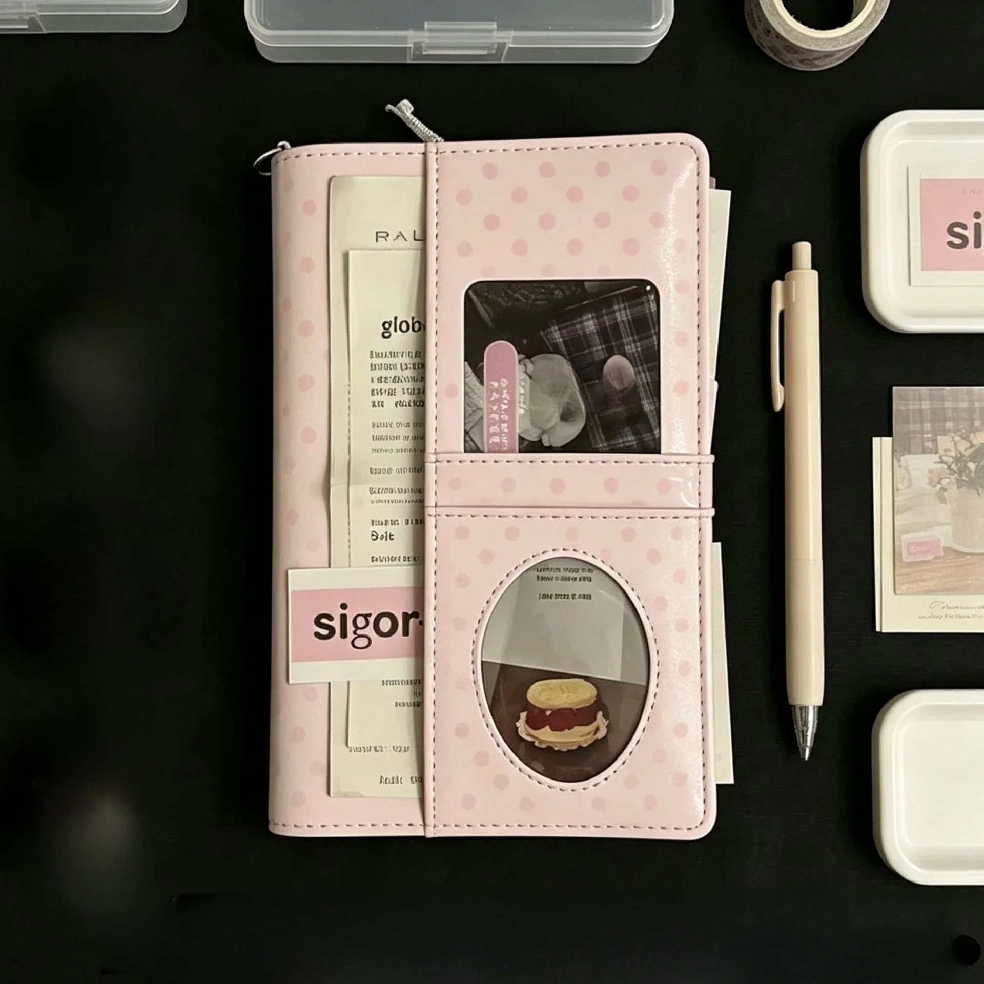 A6  Pink White Polka Dots  DIY PU Clip-on Notebook Loose Leaf Book Diary Agenda Planner Cover Album Stationery