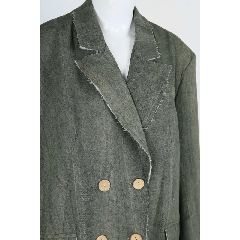 KWTX 여성 캐주얼 더블 브레스트 블레이저 그린 옹브레 옷깃 빈티지 로우 에지 우아한 디자이너 SS25 패션