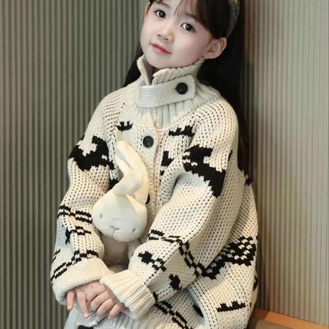 Girls Vintage Chunky Knit Cardigan 2026 New Kids Fashion Turtleneck Sweater Coat Fall Winter Cute Toddler Baby Girls Outerwear